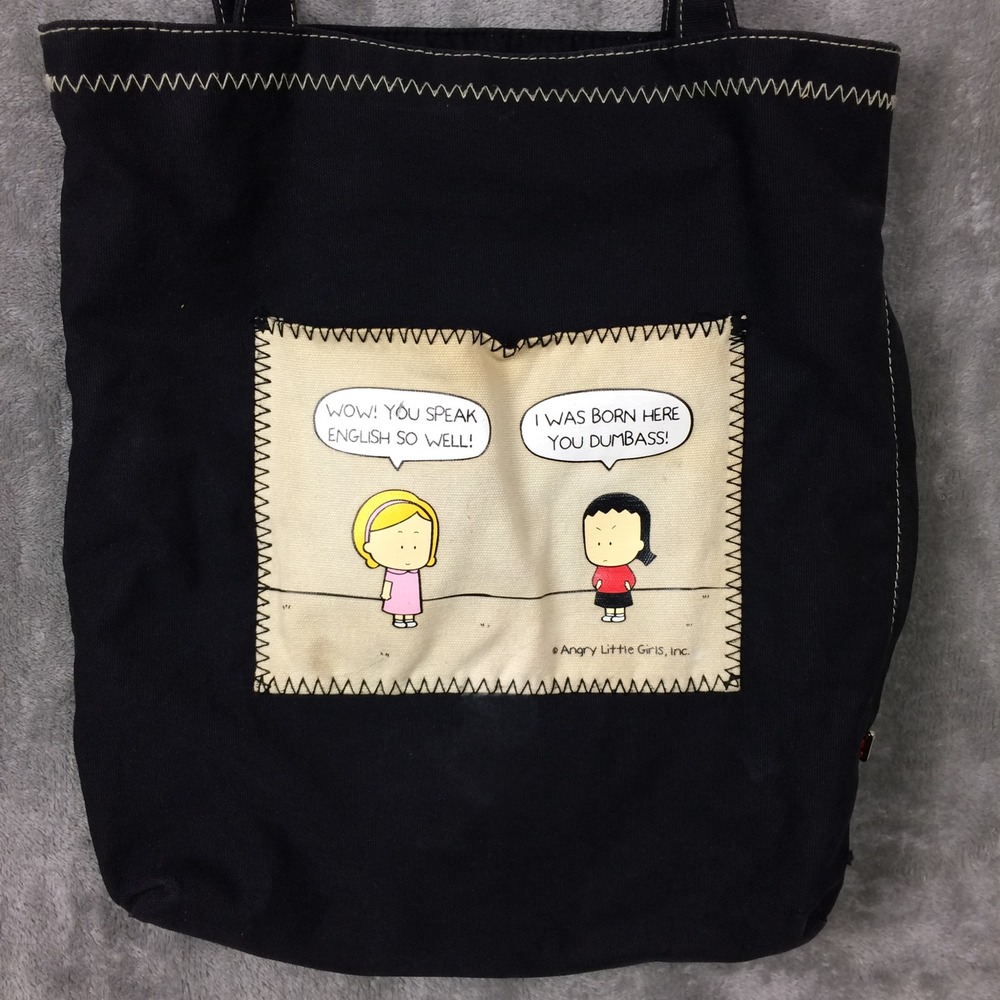 Angry Little Girls Tote Bag Women OS Black Canvas Graphic Comic Y2K 2006 Vintage
